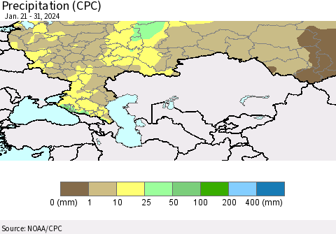 Russian Federation Precipitation (CPC) Thematic Map For 1/21/2024 - 1/31/2024