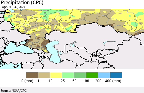 Russian Federation Precipitation (CPC) Thematic Map For 4/21/2024 - 4/30/2024