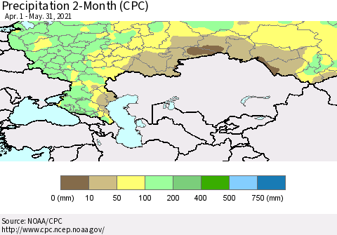 Russian Federation Precipitation 2-Month (CPC) Thematic Map For 4/1/2021 - 5/31/2021