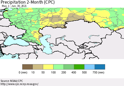 Russian Federation Precipitation 2-Month (CPC) Thematic Map For 5/1/2021 - 6/30/2021