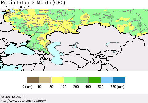 Russian Federation Precipitation 2-Month (CPC) Thematic Map For 6/1/2021 - 7/31/2021