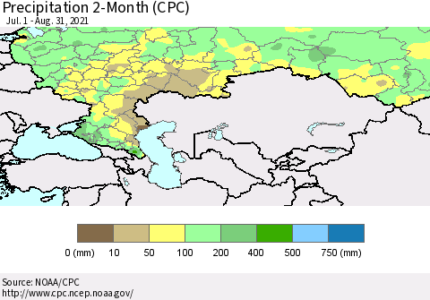 Russian Federation Precipitation 2-Month (CPC) Thematic Map For 7/1/2021 - 8/31/2021
