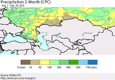 Russian Federation Precipitation 2-Month (CPC) Thematic Map For 8/1/2021 - 9/30/2021