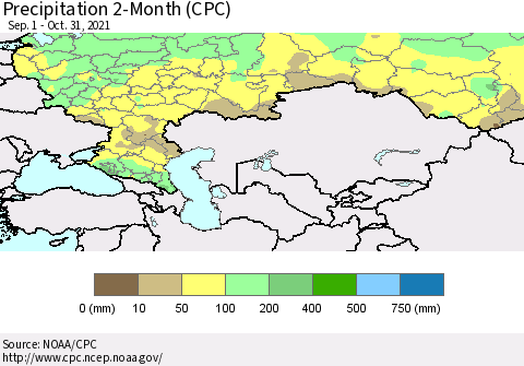 Russian Federation Precipitation 2-Month (CPC) Thematic Map For 9/1/2021 - 10/31/2021