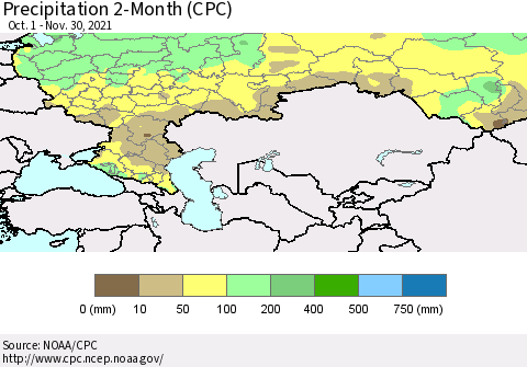 Russian Federation Precipitation 2-Month (CPC) Thematic Map For 10/1/2021 - 11/30/2021