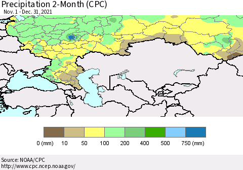 Russian Federation Precipitation 2-Month (CPC) Thematic Map For 11/1/2021 - 12/31/2021