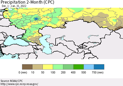 Russian Federation Precipitation 2-Month (CPC) Thematic Map For 12/1/2021 - 1/31/2022