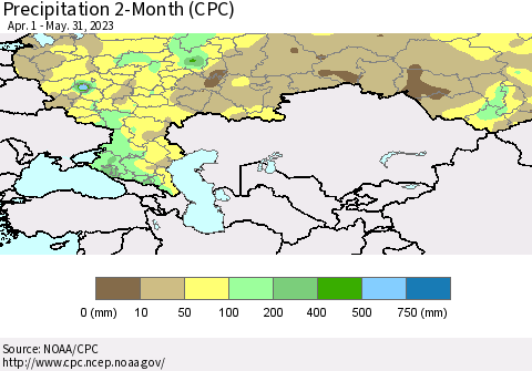 Russian Federation Precipitation 2-Month (CPC) Thematic Map For 4/1/2023 - 5/31/2023