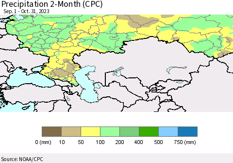 Russian Federation Precipitation 2-Month (CPC) Thematic Map For 9/1/2023 - 10/31/2023