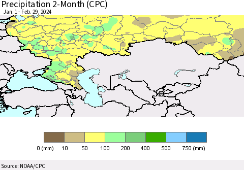 Russian Federation Precipitation 2-Month (CPC) Thematic Map For 1/1/2024 - 2/29/2024