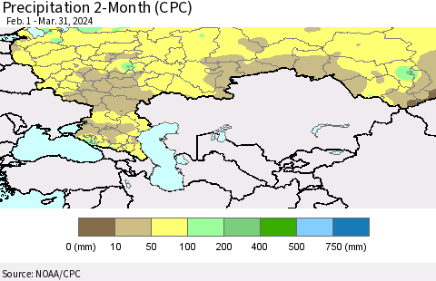 Russian Federation Precipitation 2-Month (CPC) Thematic Map For 2/1/2024 - 3/31/2024