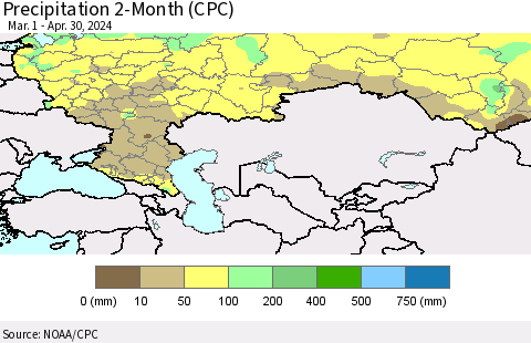 Russian Federation Precipitation 2-Month (CPC) Thematic Map For 3/1/2024 - 4/30/2024