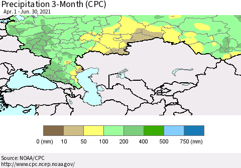 Russian Federation Precipitation 3-Month (CPC) Thematic Map For 4/1/2021 - 6/30/2021
