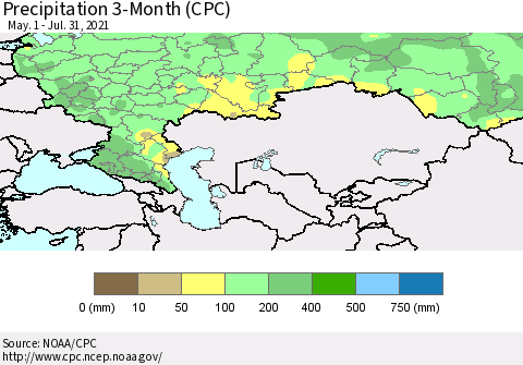 Russian Federation Precipitation 3-Month (CPC) Thematic Map For 5/1/2021 - 7/31/2021