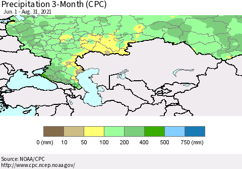 Russian Federation Precipitation 3-Month (CPC) Thematic Map For 6/1/2021 - 8/31/2021
