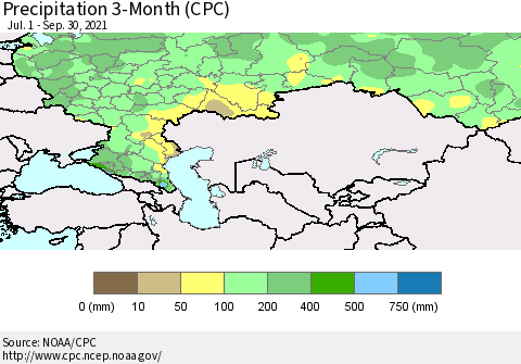 Russian Federation Precipitation 3-Month (CPC) Thematic Map For 7/1/2021 - 9/30/2021