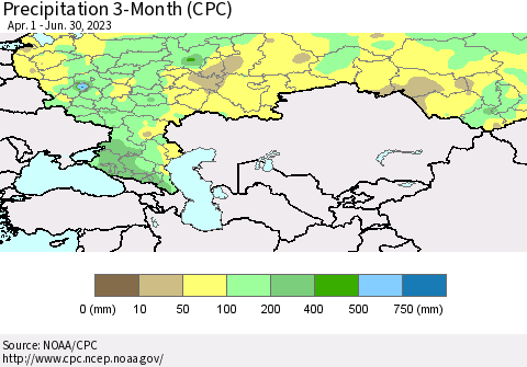 Russian Federation Precipitation 3-Month (CPC) Thematic Map For 4/1/2023 - 6/30/2023