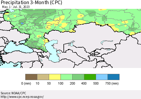 Russian Federation Precipitation 3-Month (CPC) Thematic Map For 5/1/2023 - 7/31/2023