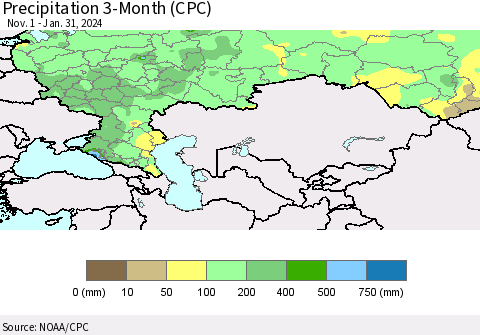 Russian Federation Precipitation 3-Month (CPC) Thematic Map For 11/1/2023 - 1/31/2024