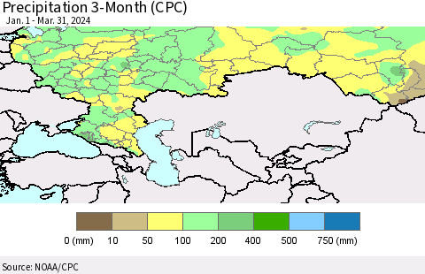 Russian Federation Precipitation 3-Month (CPC) Thematic Map For 1/1/2024 - 3/31/2024