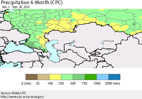 Russian Federation Precipitation 6-Month (CPC) Thematic Map For 4/1/2021 - 9/30/2021