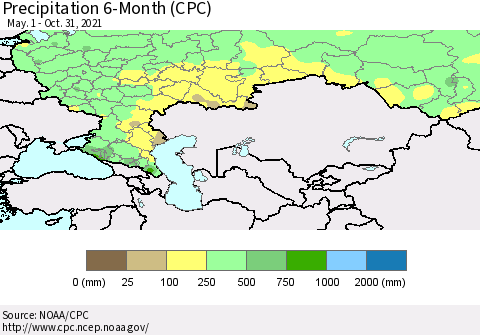 Russian Federation Precipitation 6-Month (CPC) Thematic Map For 5/1/2021 - 10/31/2021