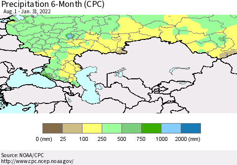 Russian Federation Precipitation 6-Month (CPC) Thematic Map For 8/1/2021 - 1/31/2022