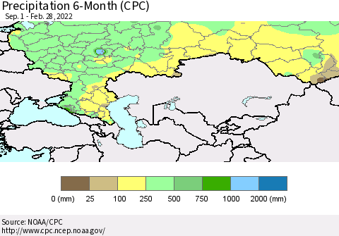 Russian Federation Precipitation 6-Month (CPC) Thematic Map For 9/1/2021 - 2/28/2022