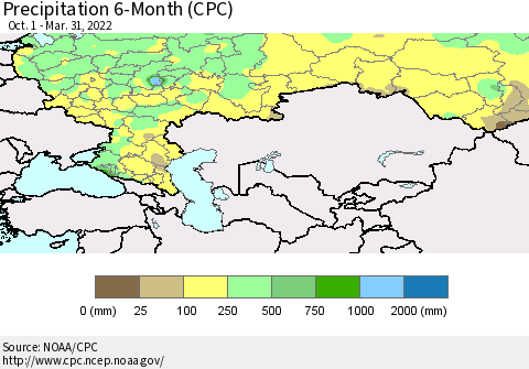 Russian Federation Precipitation 6-Month (CPC) Thematic Map For 10/1/2021 - 3/31/2022