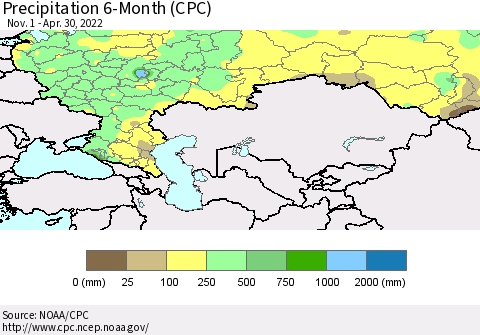 Russian Federation Precipitation 6-Month (CPC) Thematic Map For 11/1/2021 - 4/30/2022