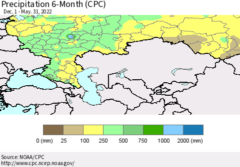 Russian Federation Precipitation 6-Month (CPC) Thematic Map For 12/1/2021 - 5/31/2022