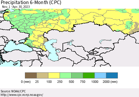 Russian Federation Precipitation 6-Month (CPC) Thematic Map For 11/1/2022 - 4/30/2023