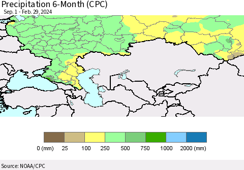 Russian Federation Precipitation 6-Month (CPC) Thematic Map For 9/1/2023 - 2/29/2024
