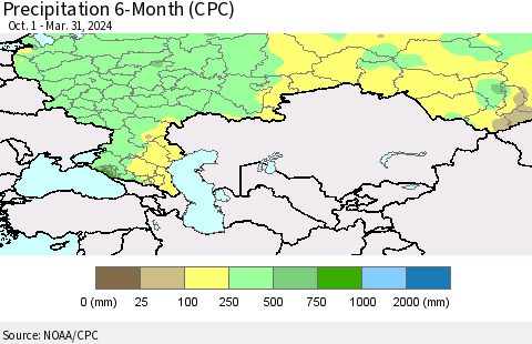 Russian Federation Precipitation 6-Month (CPC) Thematic Map For 10/1/2023 - 3/31/2024