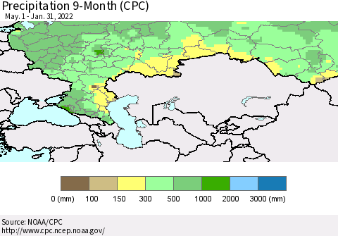 Russian Federation Precipitation 9-Month (CPC) Thematic Map For 5/1/2021 - 1/31/2022