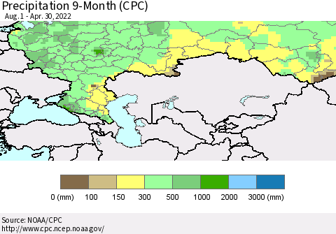 Russian Federation Precipitation 9-Month (CPC) Thematic Map For 8/1/2021 - 4/30/2022