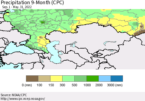Russian Federation Precipitation 9-Month (CPC) Thematic Map For 9/1/2021 - 5/31/2022