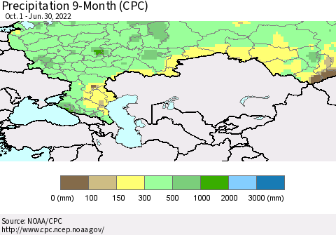 Russian Federation Precipitation 9-Month (CPC) Thematic Map For 10/1/2021 - 6/30/2022