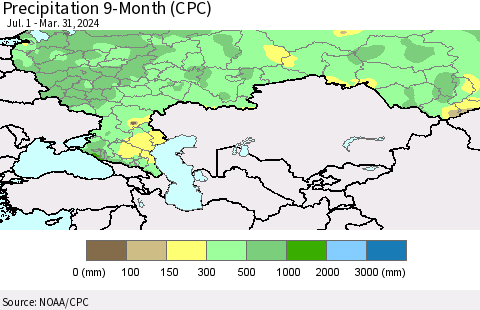 Russian Federation Precipitation 9-Month (CPC) Thematic Map For 7/1/2023 - 3/31/2024