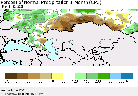 Russian Federation Percent of Normal Precipitation 1-Month (CPC) Thematic Map For 5/1/2021 - 5/31/2021