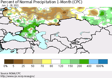 Russian Federation Percent of Normal Precipitation 1-Month (CPC) Thematic Map For 6/1/2021 - 6/30/2021