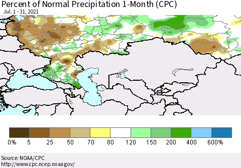 Russian Federation Percent of Normal Precipitation 1-Month (CPC) Thematic Map For 7/1/2021 - 7/31/2021