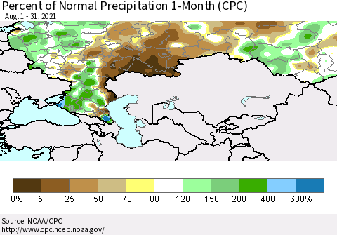 Russian Federation Percent of Normal Precipitation 1-Month (CPC) Thematic Map For 8/1/2021 - 8/31/2021