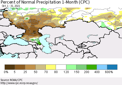 Russian Federation Percent of Normal Precipitation 1-Month (CPC) Thematic Map For 10/1/2021 - 10/31/2021