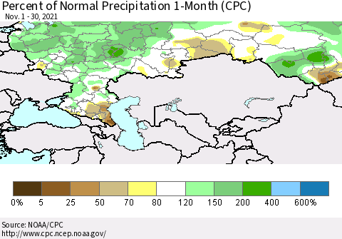 Russian Federation Percent of Normal Precipitation 1-Month (CPC) Thematic Map For 11/1/2021 - 11/30/2021