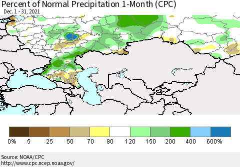 Russian Federation Percent of Normal Precipitation 1-Month (CPC) Thematic Map For 12/1/2021 - 12/31/2021