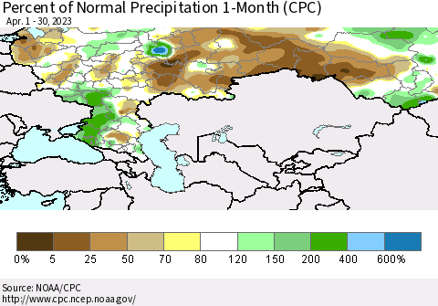 Russian Federation Percent of Normal Precipitation 1-Month (CPC) Thematic Map For 4/1/2023 - 4/30/2023