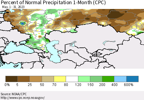 Russian Federation Percent of Normal Precipitation 1-Month (CPC) Thematic Map For 5/1/2023 - 5/31/2023