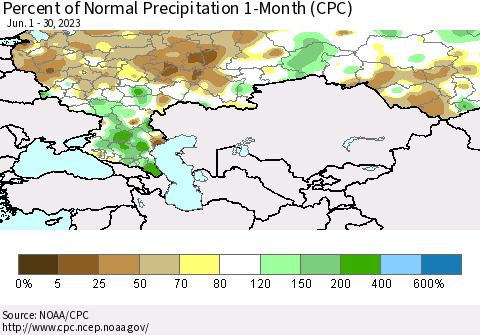 Russian Federation Percent of Normal Precipitation 1-Month (CPC) Thematic Map For 6/1/2023 - 6/30/2023