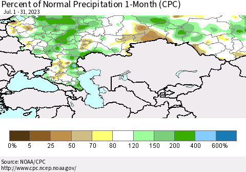 Russian Federation Percent of Normal Precipitation 1-Month (CPC) Thematic Map For 7/1/2023 - 7/31/2023